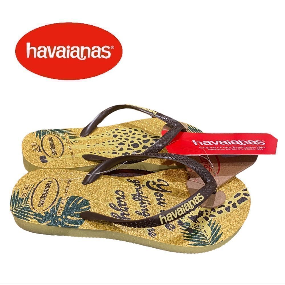 NEW Havaianas Yellow Brown Giraffe Glitter Girl's Flip Flops Sandals 13C 2Y